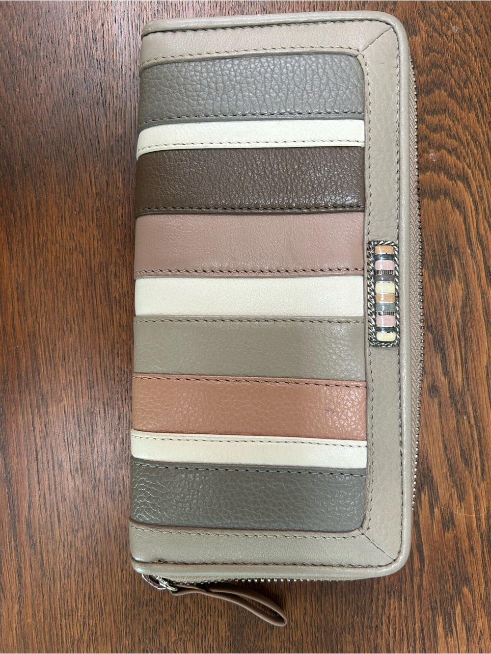 Brighton Neutral Stripe Zip-Around Wallet:Cream, Brown, Taupe, Blush. Sections!